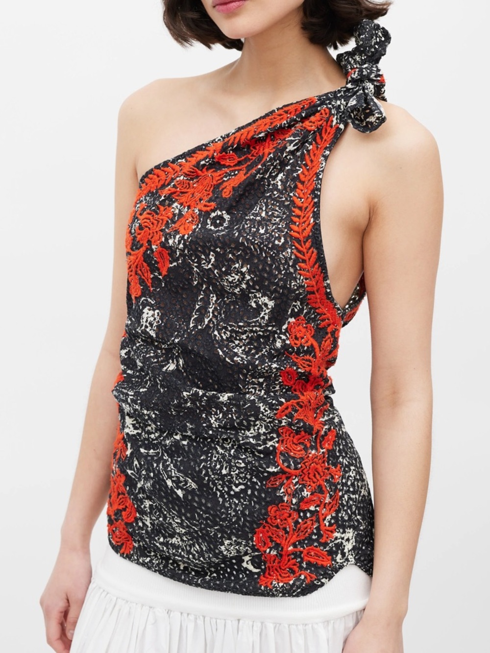 Isabel Marant Black White & Red Floral Embroidered One Shoulder Top